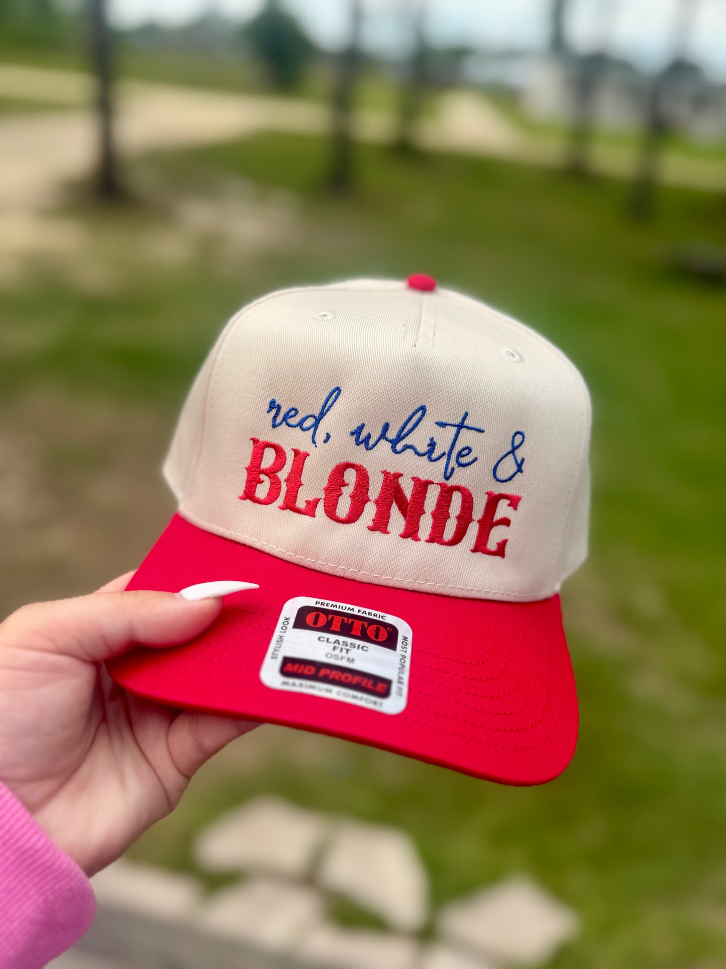 RED WHITE & BLONDE TRUCKER HAT