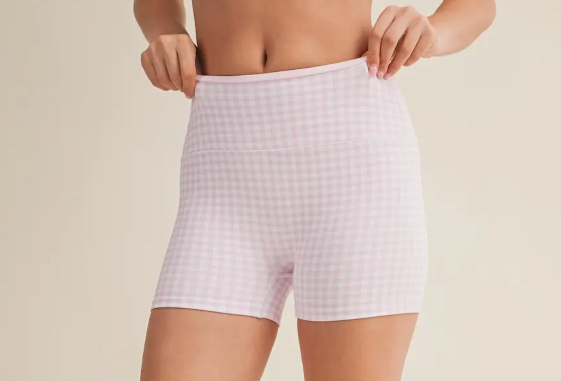 DOUBLE LINED PINK GINGHAM BIKER SHORTS 4’