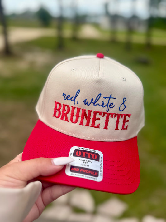 RED WHITE & BRUNETTE TRUCKER HAT