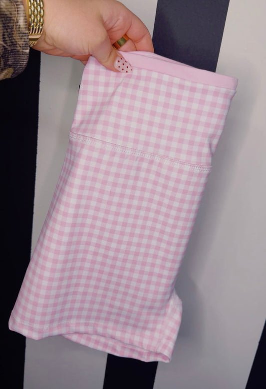 DOUBLE LINED PINK GINGHAM BIKER SHORTS 4’