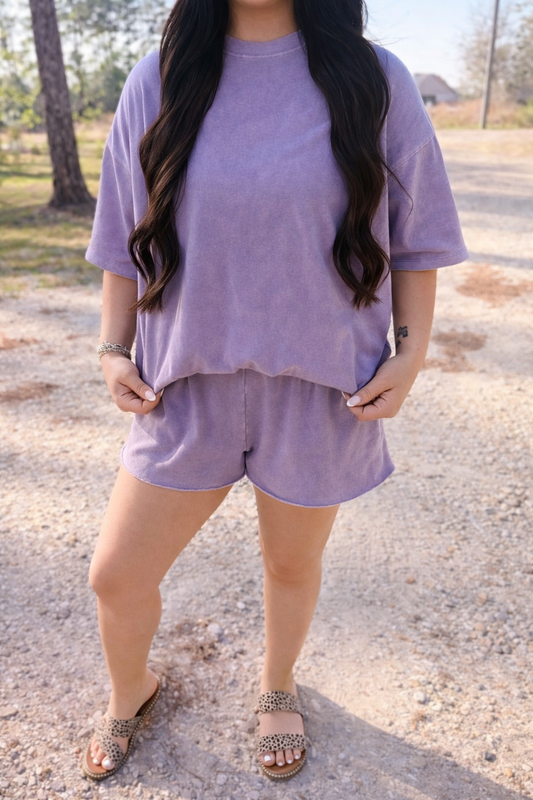 PURPLE MINERAL WASH TERRY SHORTS